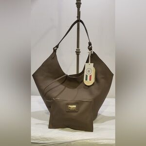 VIOLA CASTELLANI taupe 2 peice Italian leather hobo bag with attached pouch